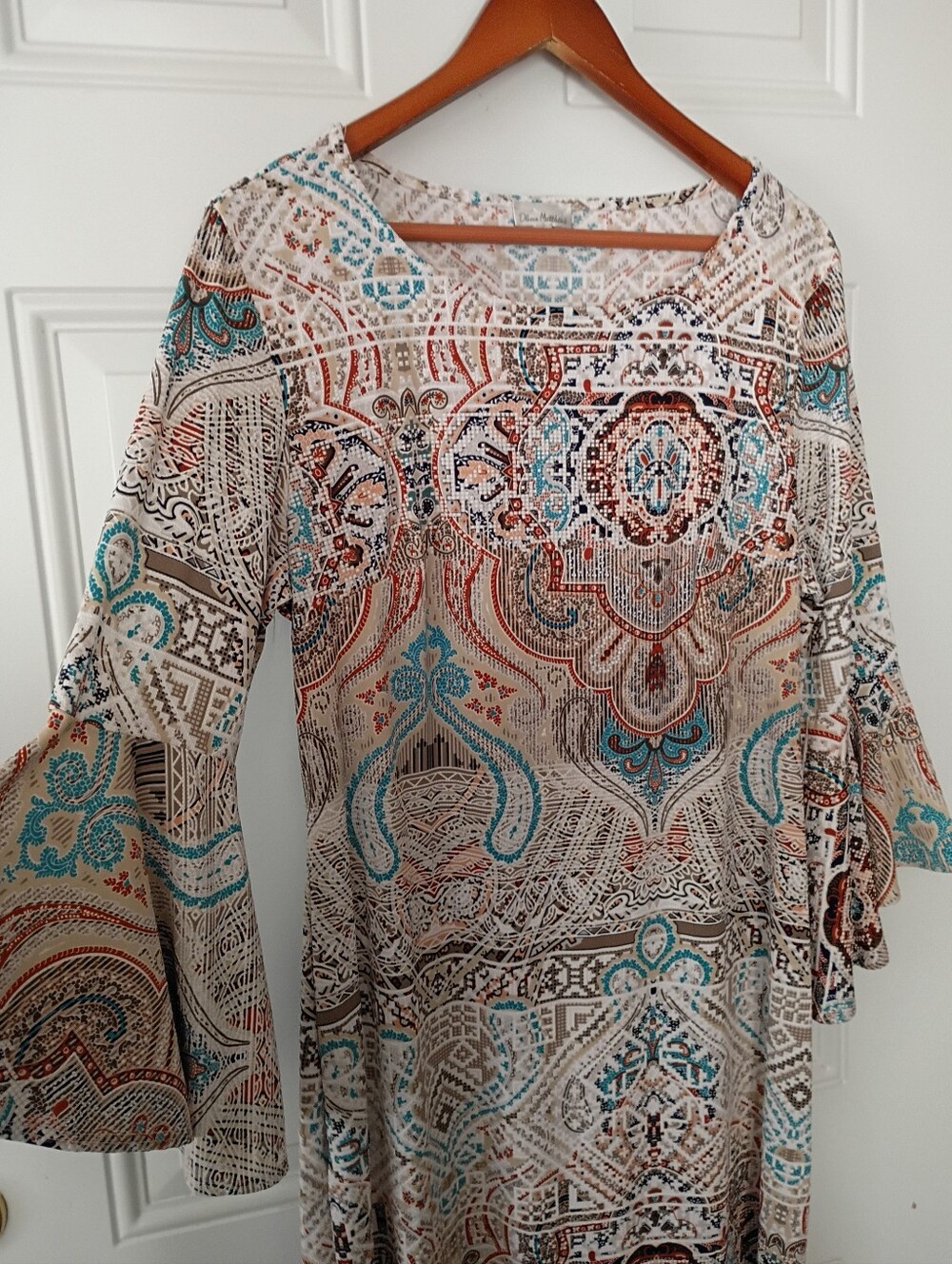 Olivia Matthews Women’s Printed Bell-Sleeve Dress in Cream and Turquoise